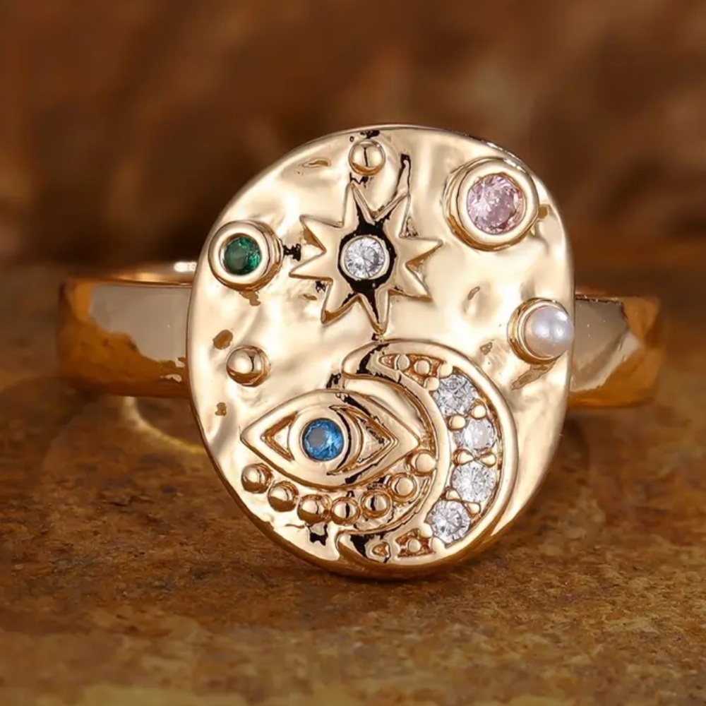 Gold Celestial Moon & Star Multigem Ring - Gold Tone